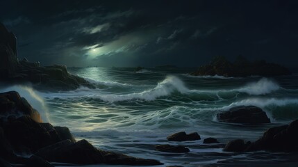 Wall Mural - A dark luministic painting showing large waves crashing on a full moon coastline