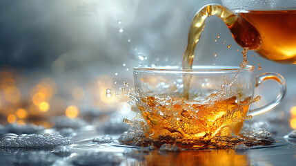 Wall Mural - Fresh tea pours into a glass.