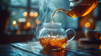 Wall Mural - Fresh tea pours into a glass.