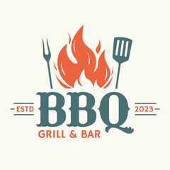 Wall Mural - BBQ logo. Barbecue, grill icon or label with fire flame. Meat restaurant, steak house design element. Vector illustration.