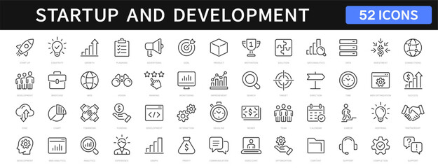 Poster - Startup and development thin line icons set. Development editable stroke icon. Start up symbols collection. Vector illustration