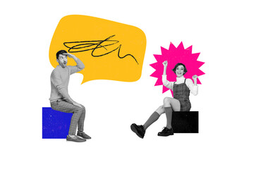 Sticker - Composite collage picture of two black white effect people sit cube raise fists dialogue mind bubble isolated on creative background