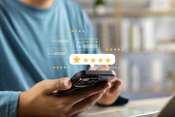 Canvas Print - Online customer satisfaction Survey service concept, client rate service from experience in application,Consumer give five-Stars and feedback review for quality, Business reputation ranking from buyer