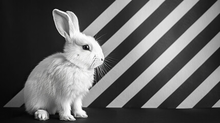 Wall Mural - happy easter greeting card or banner with white fur bunny on white and black stripe background