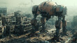Military robots in a destroyed city. Future apocalypse concept. 3d rendering