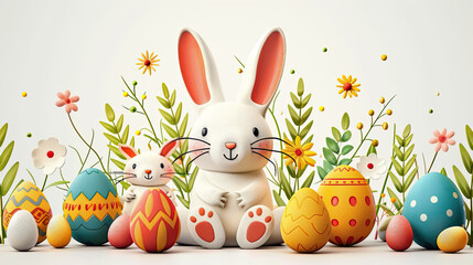 Wall Mural - happy easter greeting card with white design bunny and eggs on background	