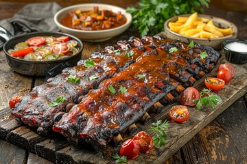 Wall Mural - Delicious Glazed Barbecue Ribs on Wooden Board with Sides and Sauce