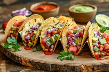 Wall Mural - Fresh Homemade Tacos with Tomato Salsa, Guacamole, and Herbs on Wooden Board Ready for Festive Dinner
