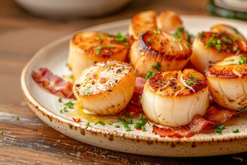 Wall Mural - Golden Brown Seared Scallops on Bacon Strips Garnished with Fresh Herbs on Rustic Wooden Table Setting, Gourmet Seafood Dish