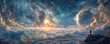 Vast celestial cloudscape with a time portal - A breathtaking cloudscape with a cosmic time portal amidst the stars and galaxies offering a sense of exploration and discovery
