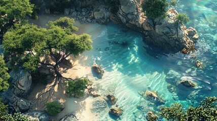 Poster - Serene coastal landscape with lush greenery - Tranquil and serene coastal landscape with crystal-clear waters surrounded by lush greenery and rock formations