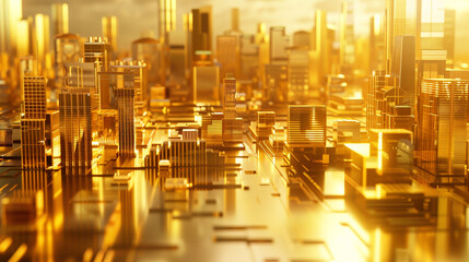 3D model of a golden metropolis with many skyscrapers. The reflection of the nearest building can be seen on the surface of the building.