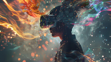 An imaginary VR experience filled with vivid, dynamic swirls of fire-like colors representing a powerful digital world