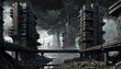 An evocative digital painting depicts a dystopian urban landscape in decay, with stark structures and a brooding sky