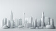 Minimalistic white 3D model of city architecture. Scale model featuring modern skyscrapers and urban design elements. Urban development and architectural visualization concept. Design for urban 