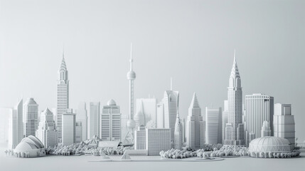 Minimalistic white 3D model of city architecture. Scale model featuring modern skyscrapers and urban design elements. Urban development and architectural visualization concept. Design for urban 