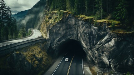 Wall Mural - A bird's eye view of a car tunnel in the mountains. Beautiful wallpapers for tourism and advertising. Generative AI