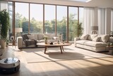 Fototapeta Konie - Modern living room with large windows and natural light