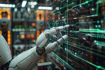 Poster - Close up of robot hand pointing a financial transparent graph screen. Generative AI.