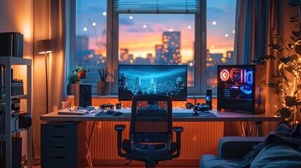 Sticker - Gaming style study room, computer, desk, office chair, electric effects. Generative AI.