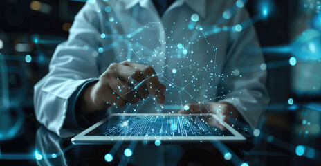 Fototapete - Cyber security, data protection information privacy internet technology concept. Businessman working on digital tablet. Generative AI.