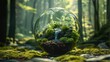 In the dense forest, there is an indoor terrarium that has moss and waterfalls inside it. The glass ball holds various small plants and rocks. Generative AI.
