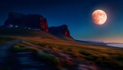 Wall Mural - A stunning view of a full moon rising over a mountain range, with a calm lake in the foreground reflecting the moonlight.