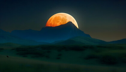 Wall Mural - A full moon rising over a mountain range with a lake in the foreground