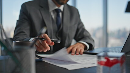 Office manager suffering migraine thinking problem. Closeup hand dropping pen