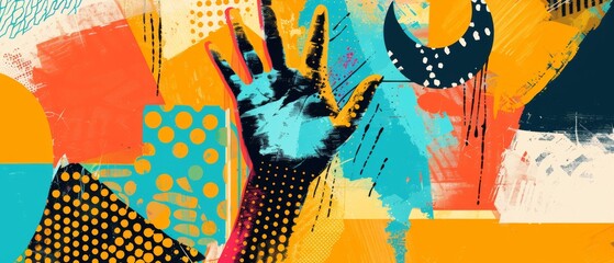 Wall Mural - A collage of a hand with halftone effect. Cut out paper. Hand holds a c gesture. Modern modern illustration.