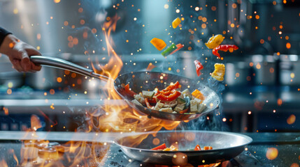 Wall Mural - A pan with colorful vegetables is being flambeed on a gas stove.