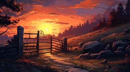 a painting of a gate with a sunset in the background