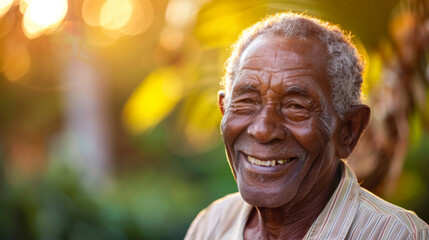 Canvas Print - A joyful elderly man smiles warmly in natural sunlight.