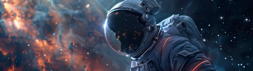 panoramic 32.9 astronaut with suit floating in space observing the stars, galaxies, planets, nebulae, sun, stardust, comets, asteroids