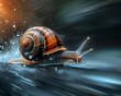 Editorial photo of a snail overtaking in slow motion dynamic lighting and motion effects with rear curtain sync highlight its speed.