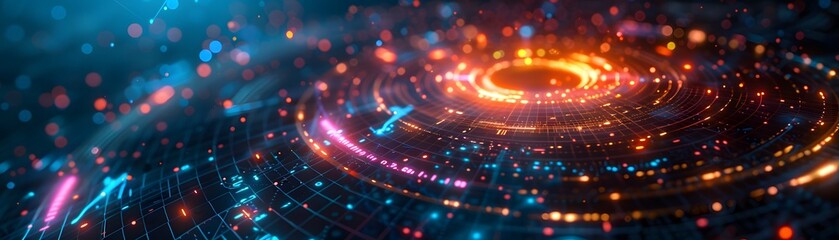 Vibrant abstract background depicting a digital network with glowing particles and circular patterns.