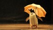 A solitary penguin waddling across the stage, carrying a comically oversized umbrella.