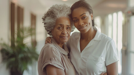 Canvas Print - A senior woman and a younger woman stand together in a warm, sunlit hallway.