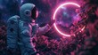 astronaut observing a neon circular portal in space in high resolution