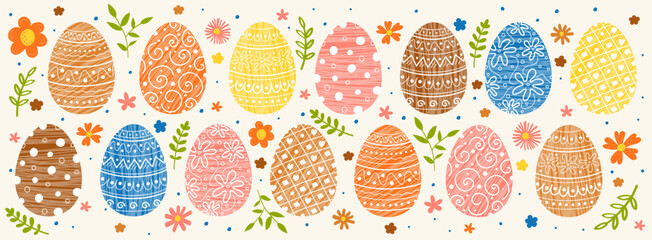 Wall Mural - Easter design with decorations. Banner with painted eggs and flowers. Panoramic header. Vector illustration