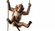 A mischievous monkey swinging from a trapeze, eyes gleaming with mischief against a pure white background.
