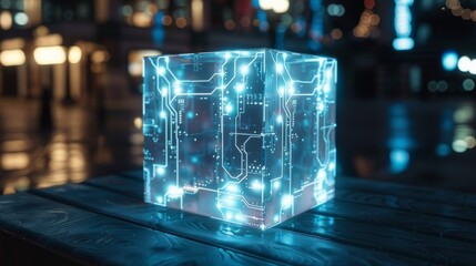 Wall Mural - Illuminated circuit cube on wooden surface in the city at night