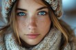 Close-up portrait of a young woman with blue eyes and freckles, wearing a winter hat and scarf