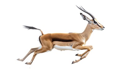 A graceful gazelle leaping with effortless grace, embodying the beauty of the wild against a pure white background.