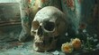 Still life with a human skull and vintage flowers by a window