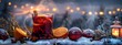 Banner with aromatic hot mulled wine in glass cap with spices and citrus fruit on a table. Snow and lights. Concept of festive atmosphere and cozy winter mood. Traditional hot Christmas drink