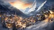 Painting Representing a Charming Christmas Village in the Alps Heavy Snow is Falling Wallpaper
