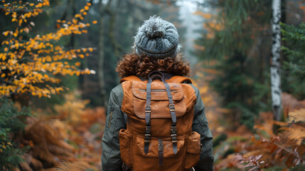 Poster - A person wearing a backpack and a helmet walks through a forest.