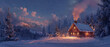 Cozy winter cabin enveloped in snow, smoke gently rising from the chimney under a starlit sky Essence of winter wonderland