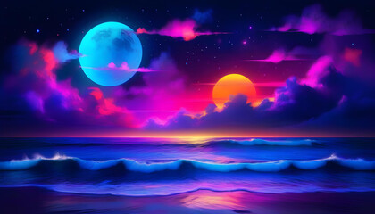 Wall Mural - A neon light art installation with a beach and moonlit sea theme